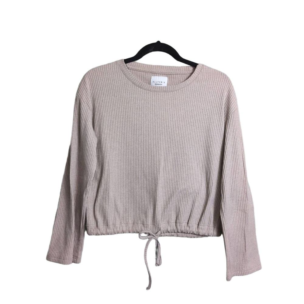 ALL FENIX Oatmeal Beige Ribbed Knit Crew Neck Drawstring Athleisure Crop Top S